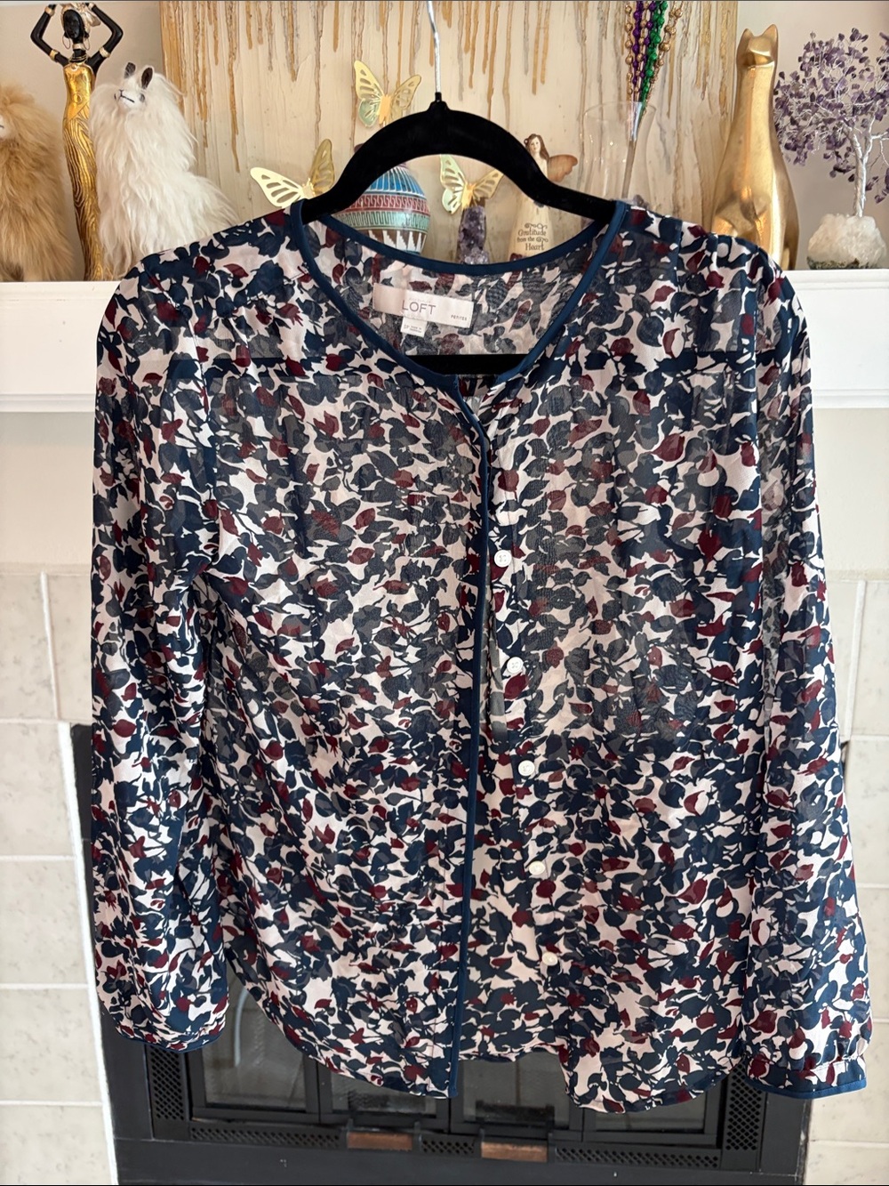 LOFT Navy, Burgundy & White Sheer Floral Button Blouse